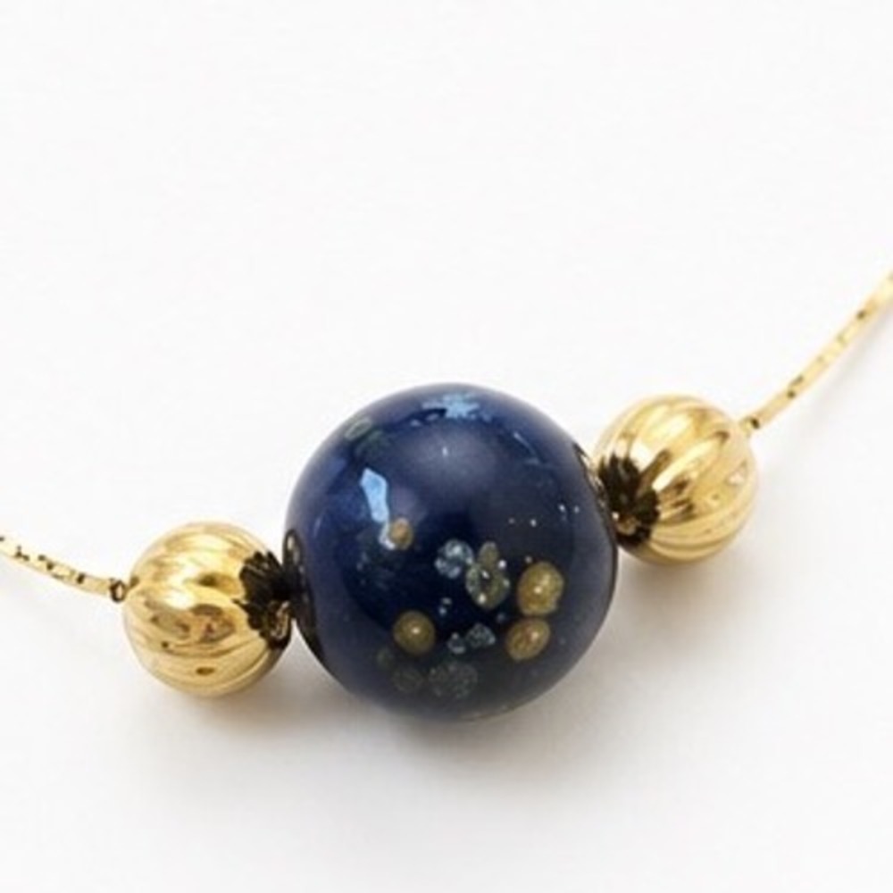 Gold Tone Dainty Necklace Blue Art Glass Bead Celestial Speckle Barrel Pin Clasp - Picture 4 of 8